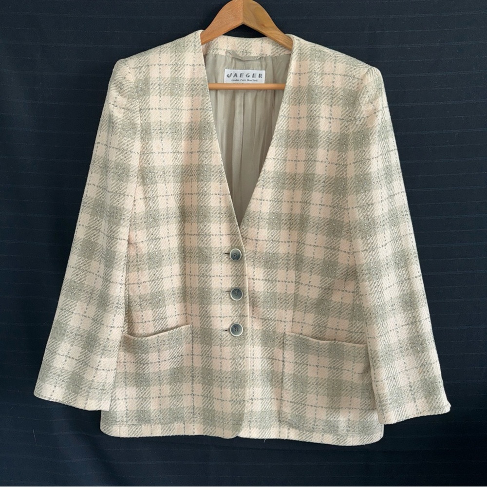 Vintage Jaegar Silk Blend Plaid Tweed 3 Button Jacket Blazer Womens US 12 UK 14
